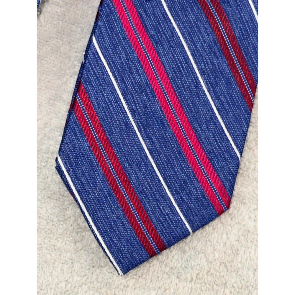 Pronto Uomo Platinum Mens Silk Necktie Blue Red White Striped‎ Hand Made Tie